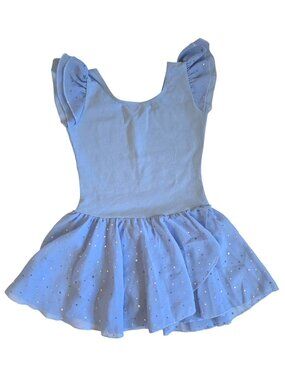 Kids Dance Ballet Light Blue Dress Leotard Glitter Tulle Skirt & Ruffled Sleeves